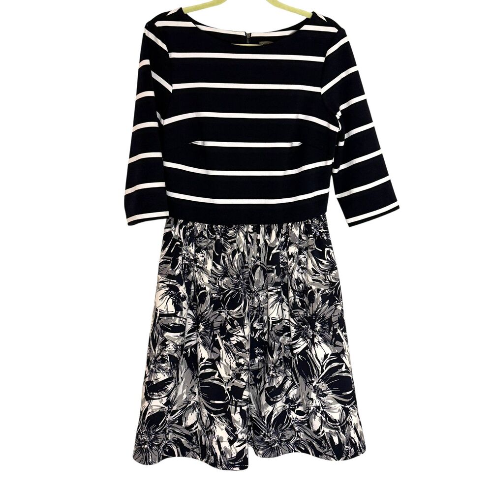 Taylor Mixed Print Fit Flare Dress Stripe Floral Stripe Navy Blue Black 10